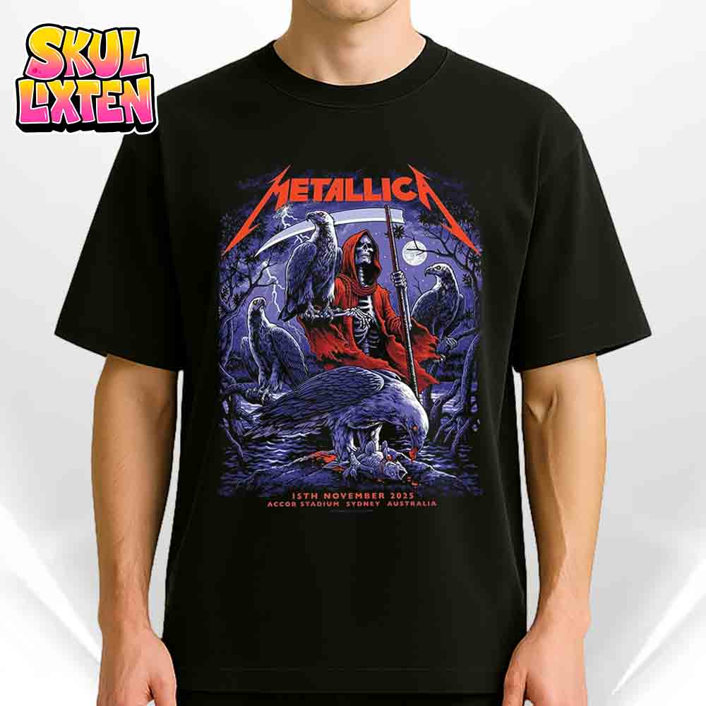 Metallica M72 Sydney Venues Poster For Accor Stadium In Sydney Australia On November 15th 2025 Reaper And Vultures Artwork Unisex T-Shirt Metallica M72 Sydney Venues Poster For Accor Stadium In Sydney Australia On November 15th 2025 Reaper And Vultures Artwork Unisex T-Shirt